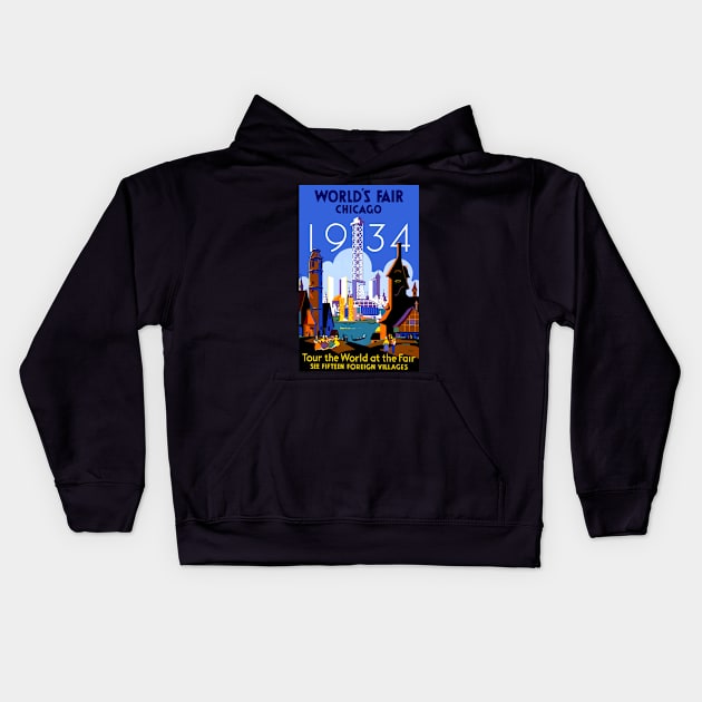 Chicago Worlds Fair 1934 - Vintage Travel Kids Hoodie by Culturio